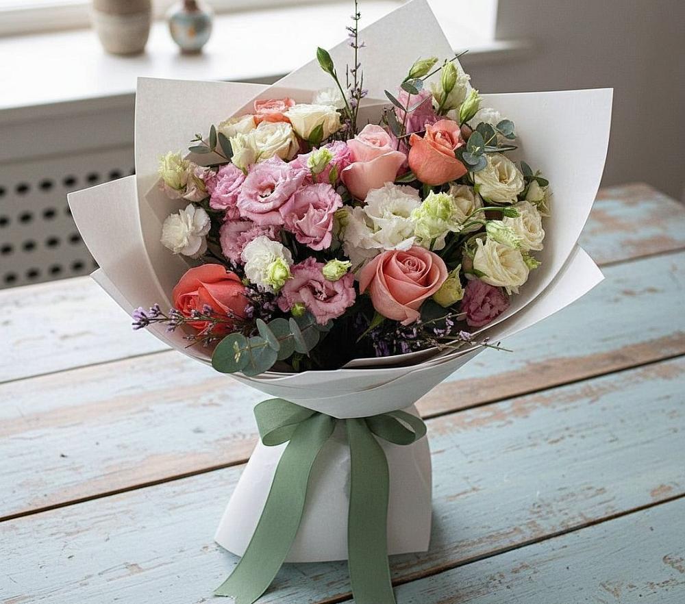 Букет цветов из: Розы, Лизиантусы и Гвоздики в Полтавском